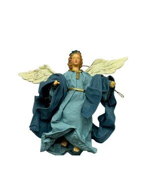 Handcrafted Blue Angel paper mache fabric Figurine ornament Gold Wings 6" READ